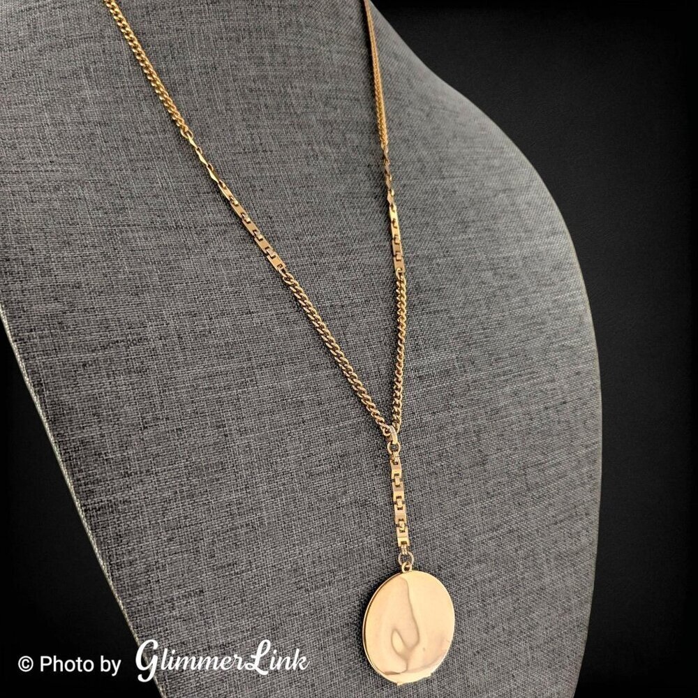 Vintage Gold Tone Engravable Locket Y Drop Necklace Long Locket Chain - Picture 12 of 16